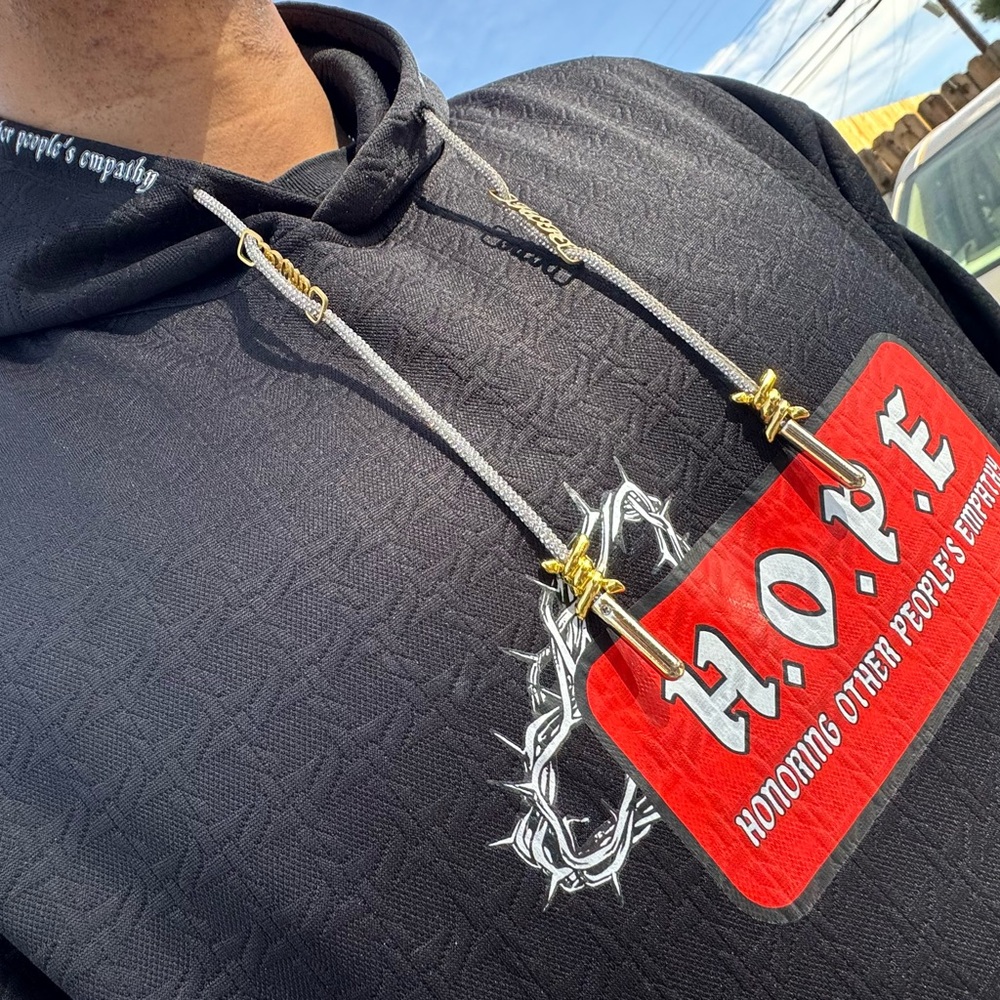 Black H.O.P.E Hoodie with Red and Gold Accents And Diamond Strings!